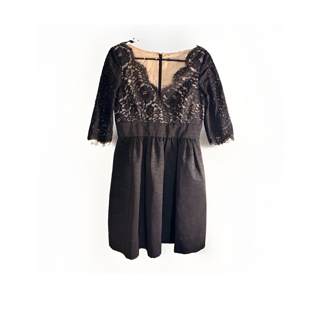 Eliza J Little Black MiniDress Cotton Lace Cocktail 8 3/4 Sleeve Pleated Taffeta